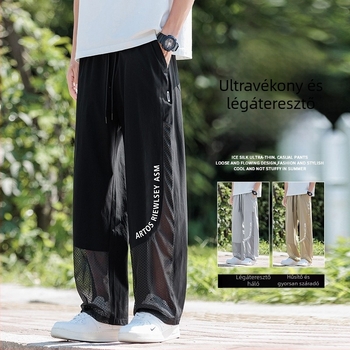 Férfi nyári hálószövésű, lélegző sportos casual nadrág, lazán szabott, egyenes fazon, bokáig érő mandzsetta