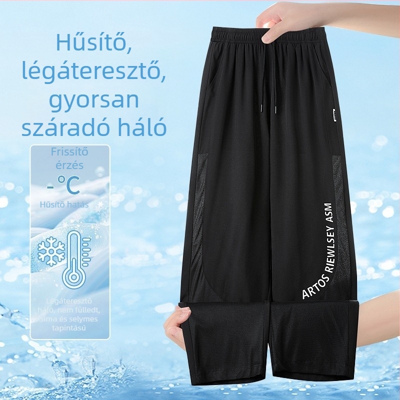 Férfi nyári hálószövésű, lélegző sportos casual nadrág, lazán szabott, egyenes fazon, bokáig érő mandzsetta