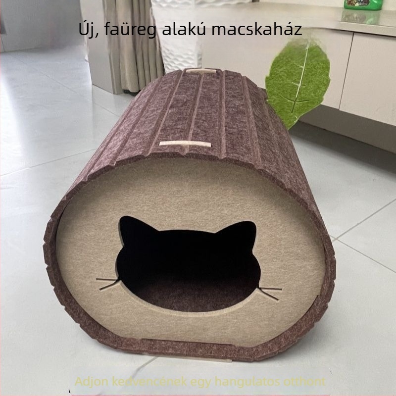 Fatörzs alakú macskafészek kopásálló karmatunnellel, összecsukható, háromdimenziós, félig zárt menedék
