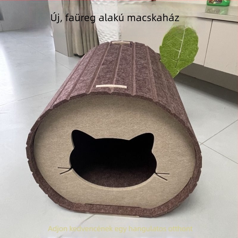 Fatörzs alakú macskafészek kopásálló karmatunnellel, összecsukható, háromdimenziós, félig zárt menedék