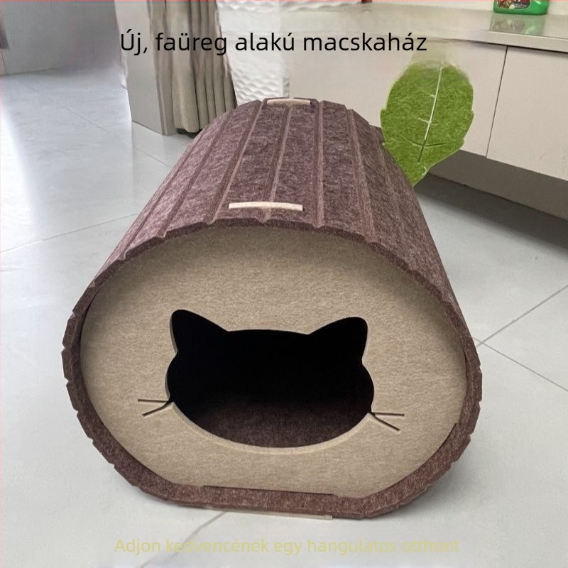 Fatörzs alakú macskafészek kopásálló karmatunnellel, összecsukható, háromdimenziós, félig zárt menedék