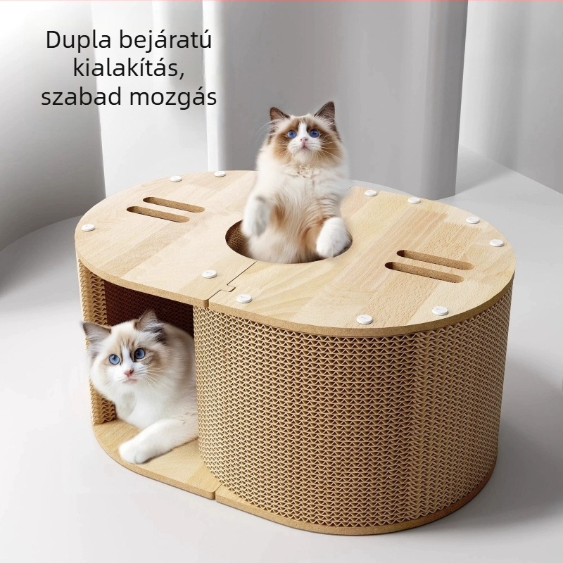 Fából készült macska karmoló tábla fészekkel és függőleges tunellel