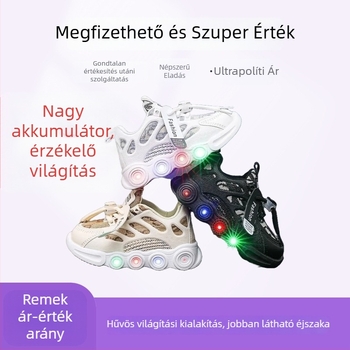 LED világító gyerekcipő, légáteresztő textil felsőrész, uniszex sportcipő 1-6 éveseknek