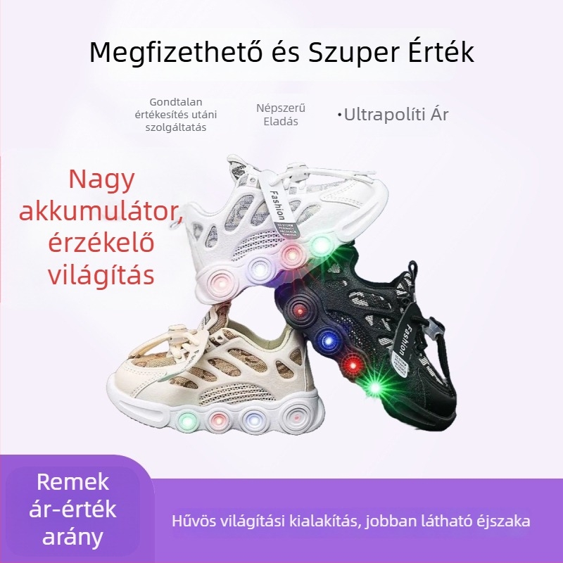 LED világító gyerekcipő, légáteresztő textil felsőrész, uniszex sportcipő 1-6 éveseknek