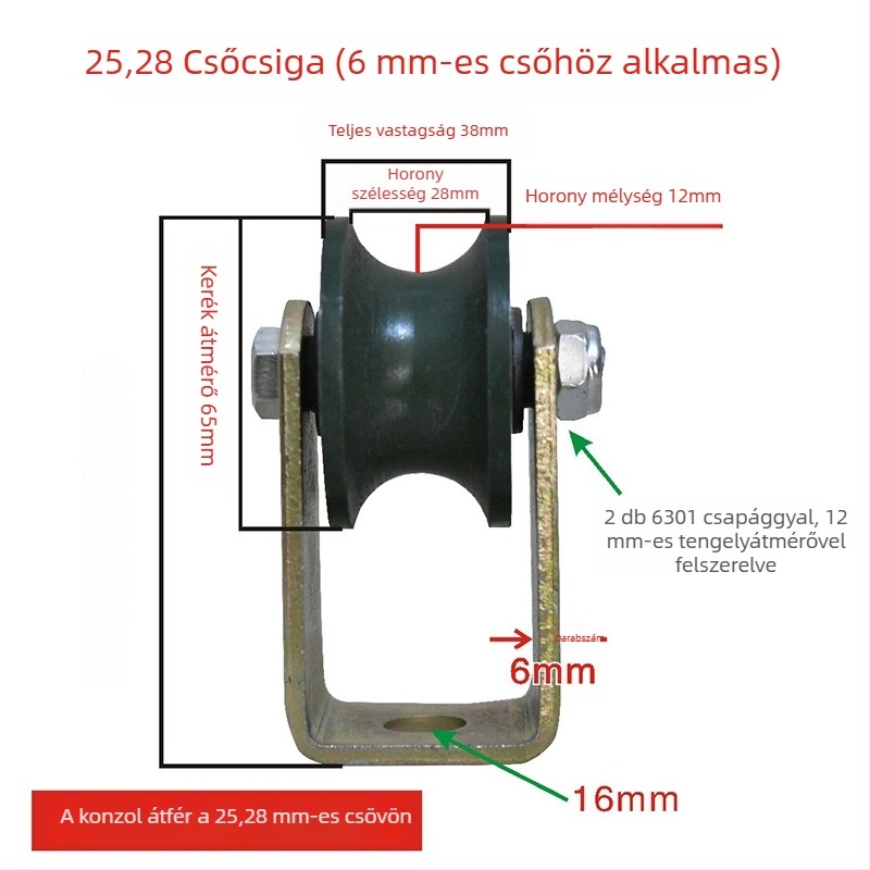 6 mm-es csővezető görgő tartóval, állványcsövekhez, sín görgő és csőmenet görgő