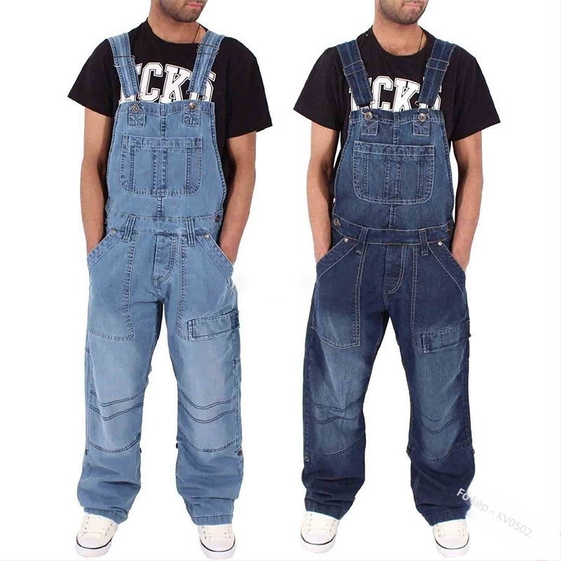 Férfiaknak retro denim overál pántokkal, széttépett részletekkel