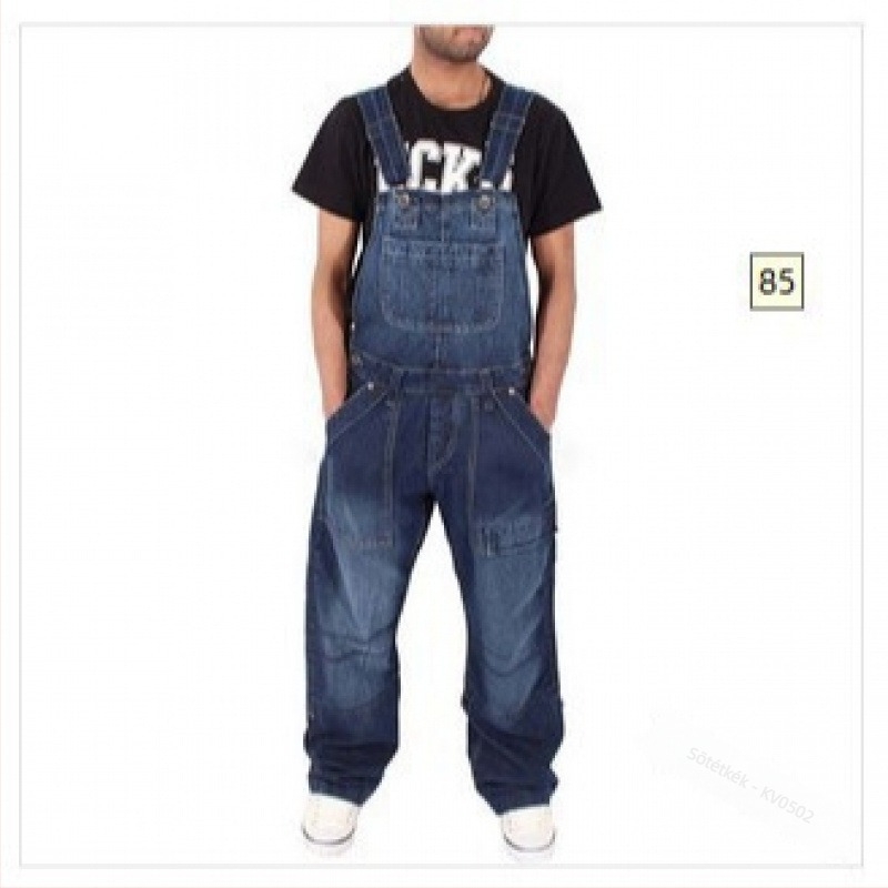 Férfiaknak retro denim overál pántokkal, széttépett részletekkel