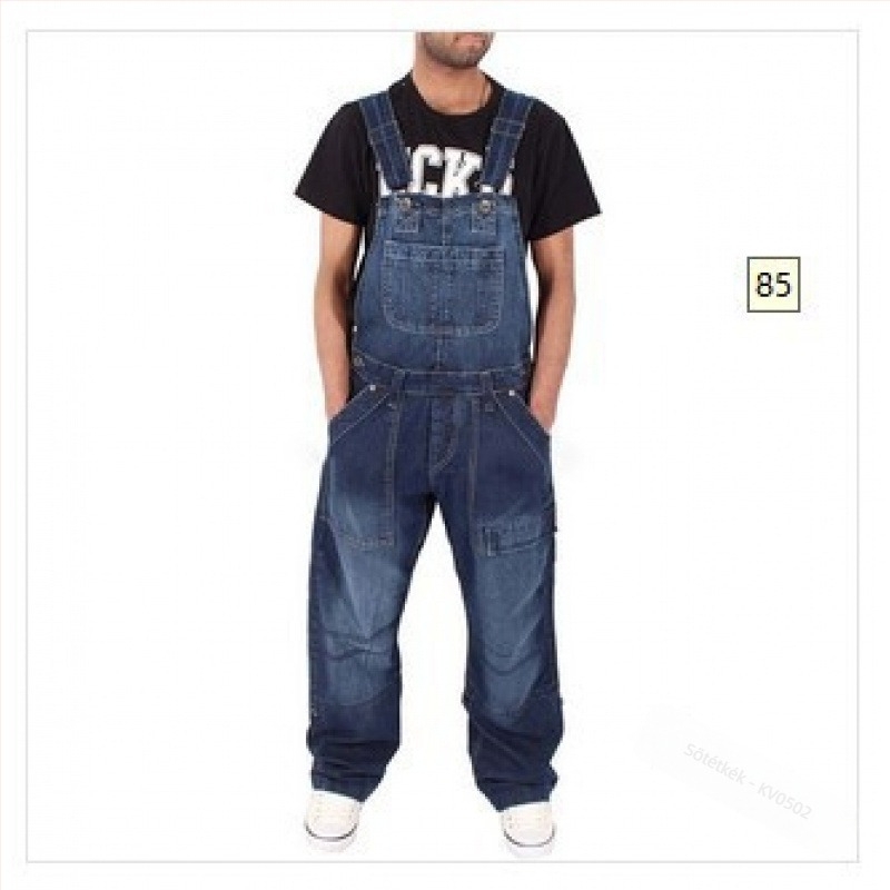 Férfiaknak retro denim overál pántokkal, széttépett részletekkel