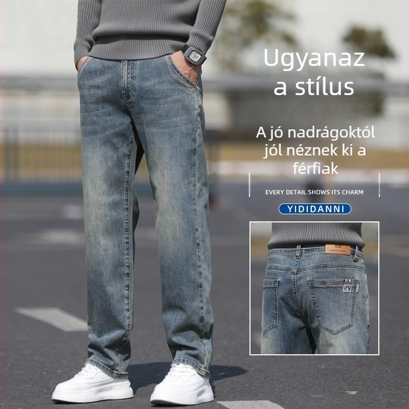 Férfi egyenes szárú farmernadrág, mindennapi stílus, enyhén elasztikus, pamut denim, középmagas derék, zipzár, zsebek, négy évszakos viselet