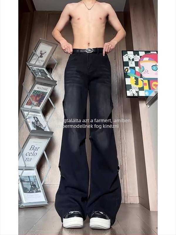 Amerikai retro kék farmernadrág férfiaknak, slim-fit mikroflare, egyenes szabás, tavasz–ősz 2025