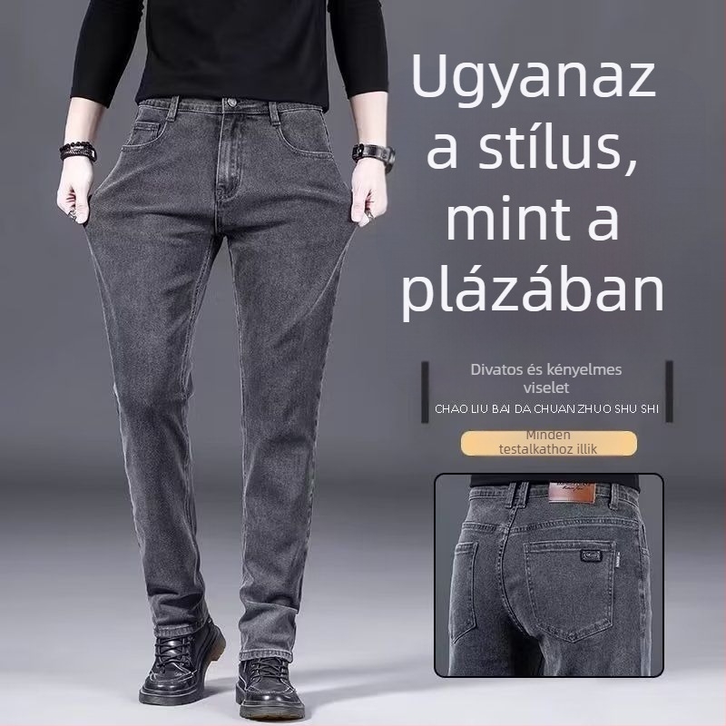 Férfi könnyű nyári farmernadrág, egyenes szárú, elasztikus, mindennapi viselet.