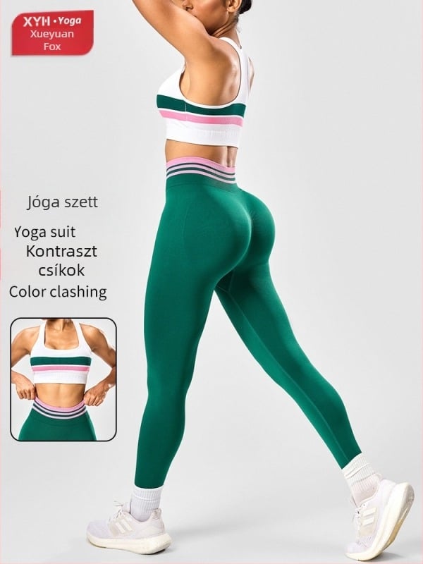 Női szín-kontraszt csíkos sportos jóga készlet racerback sportmelltartóval és fenékemelő jóga nadrággal