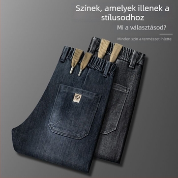 Férfiaknak készült egyenes szabású farmer nyárra és őszre, könnyű anyagú, elasztikus derekú, húzózsinóros, hétköznapi viselet