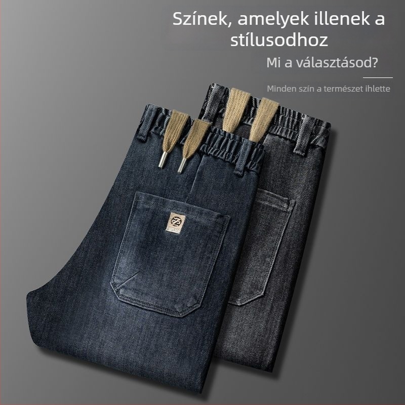 Férfiaknak készült egyenes szabású farmer nyárra és őszre, könnyű anyagú, elasztikus derekú, húzózsinóros, hétköznapi viselet