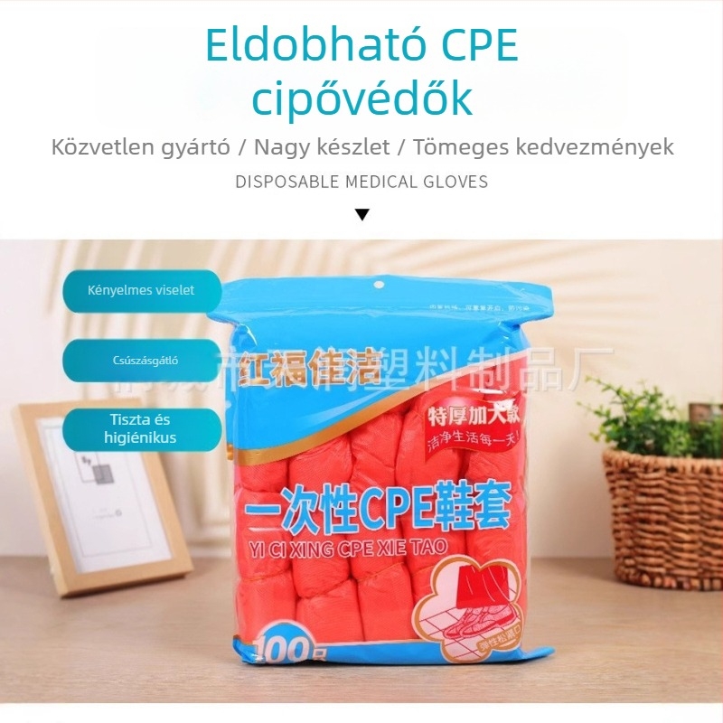 Egyszer használatos vastag CPE cipővédők, vízállóak, csúszásmentesek, esőállóak, kék és piros műanyag lábvédők, 100 darab