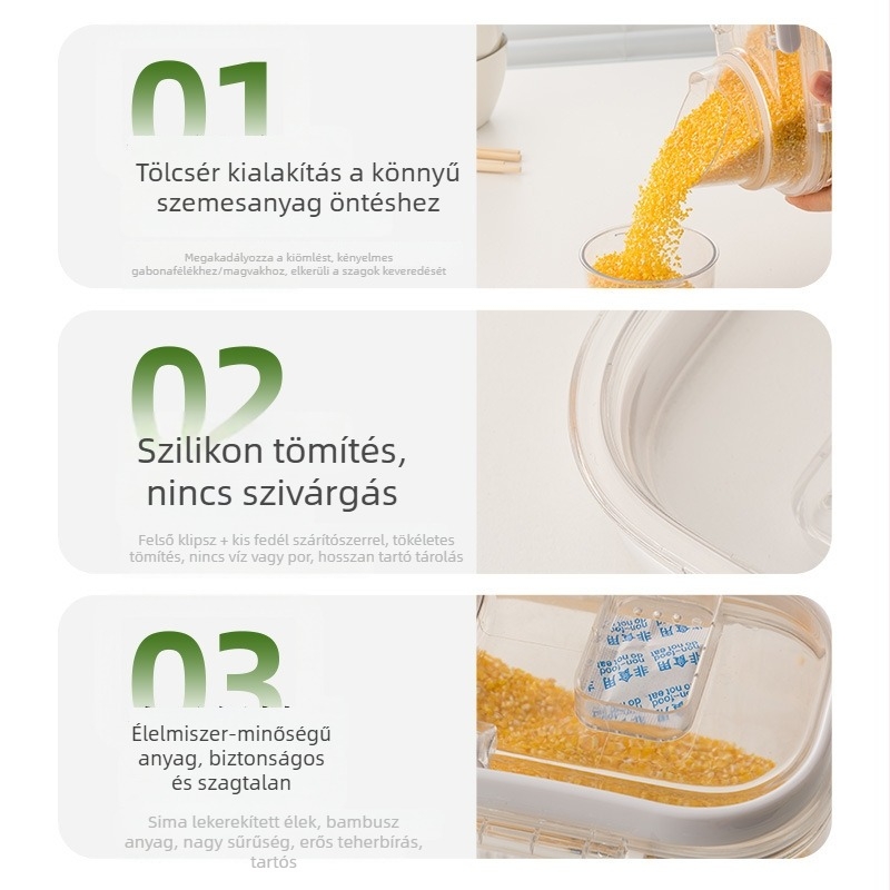Konyhai műanyag lezárt tárolóedény rizshez és gabonákhoz, áttetsző tartály, nedvesség- és rovarálló, sokoldalú gabonatároló, modern minimalista dizájn
