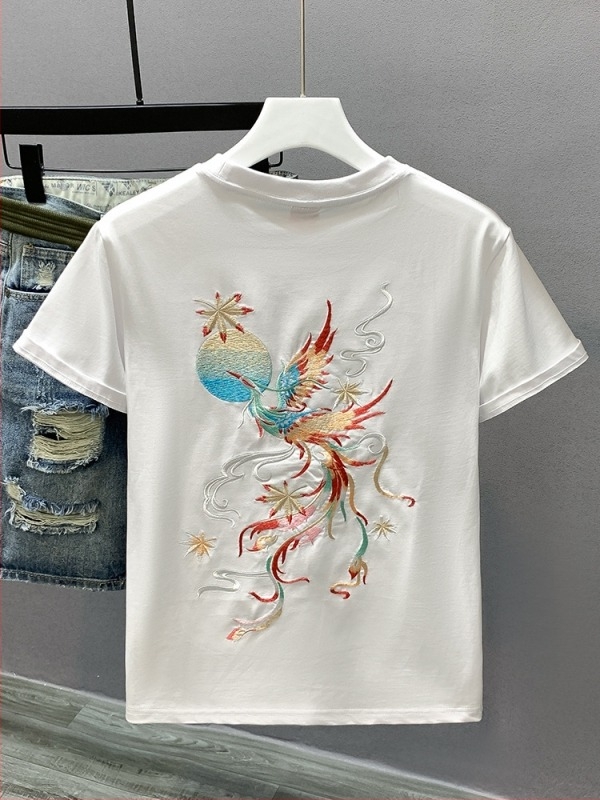 Fehér férfi rövid ujjú póló kínai nemzeti stílusban, súlyos hímzéssel, kerek nyak, bő szabás, plus méret, Phoenix divatmárka, nyár.