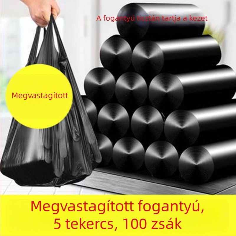 Hulladékzsákok mellény-stílusban, vastagított kivitel, fekete, kis méret, háztartási célokra, egyszer használatos konyhai műanyag zacskók
