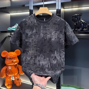 2026 Tie-dye szakadt rövidujjú férfi póló, laza szabás, kerek nyak, betűs nyomtatás, nyári lezser