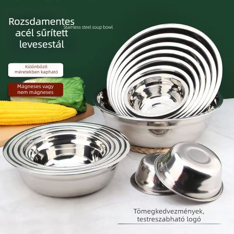 43 cm-es kör rozsdamentes acéltál, konyhai használatra — multifunkcionális tál leveshez, rizshez és fűszerekhez