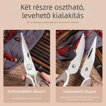 Multifunkcionális, levehető konyhai olló rozsdamentes acélból – csirke- és hús- és halcsont olló; hűtőszekrényhez való olló készlet mágneses tartóval