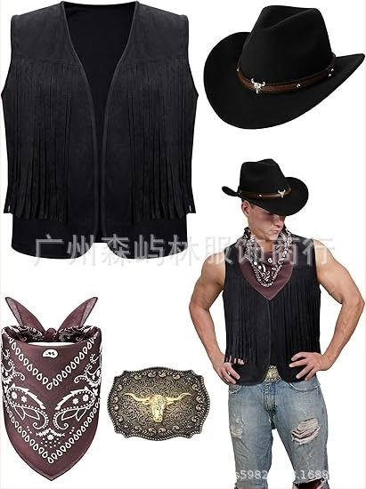 Férfi rövid bojtos mellény Western cowboy stílusban, hippie hangulat