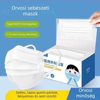 Gyerekeknek szóló orvosi sebészeti maszkok, gyermek méret, egyszer használatos, fehér, nemszövött anyag, 50 db