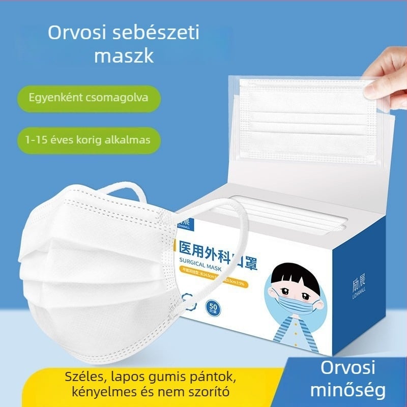 Gyerekeknek szóló orvosi sebészeti maszkok, gyermek méret, egyszer használatos, fehér, nemszövött anyag, 50 db