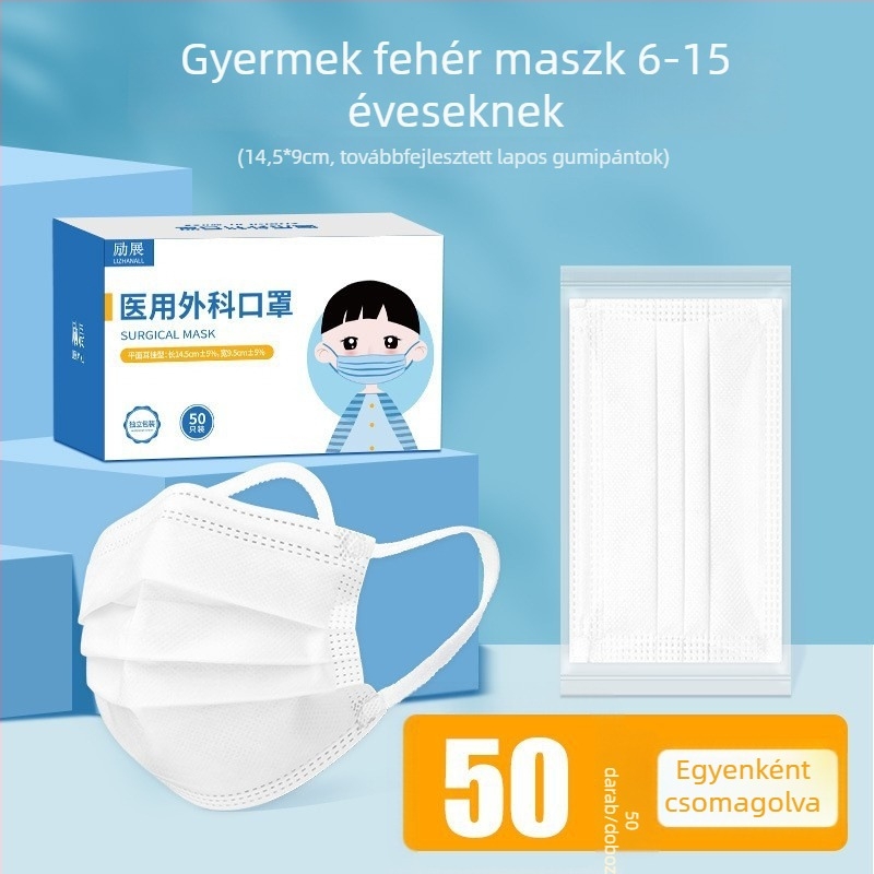 Gyerekeknek szóló orvosi sebészeti maszkok, gyermek méret, egyszer használatos, fehér, nemszövött anyag, 50 db