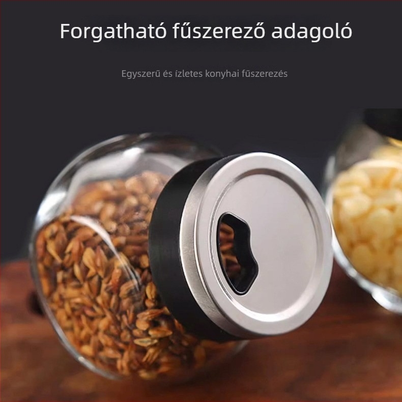 Üveg fűszertartó forgó perforált fedővel barbecue-hoz és borsporhoz – zárt konyhai tároló