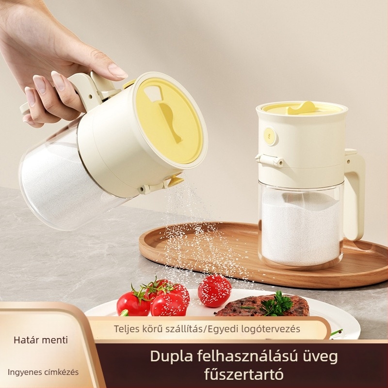 Üveg fűszertartó kontrollált adagolással, zárható konyhai tároló sóhoz és fűszerekhez