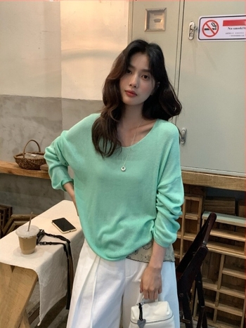 Limon Lemon Green Tea női kötött pulóver, koreai stílus, V-nyak, hosszú ujjú, napvédő takaró, tavasz