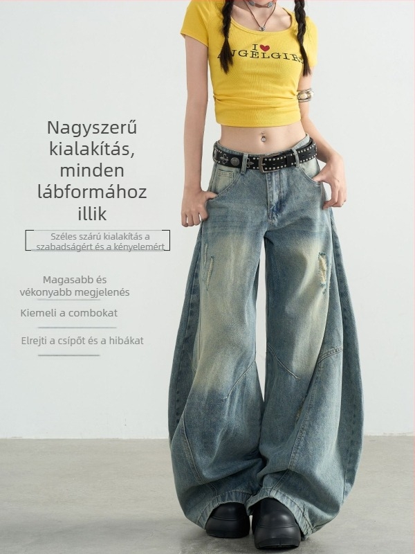 Vintage amerikai stílusú farmernadrág nőknek, ívelt szárú, magas derékkal, széles szabású
