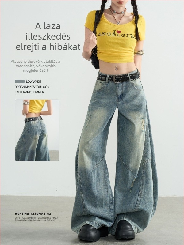 Vintage amerikai stílusú farmernadrág nőknek, ívelt szárú, magas derékkal, széles szabású
