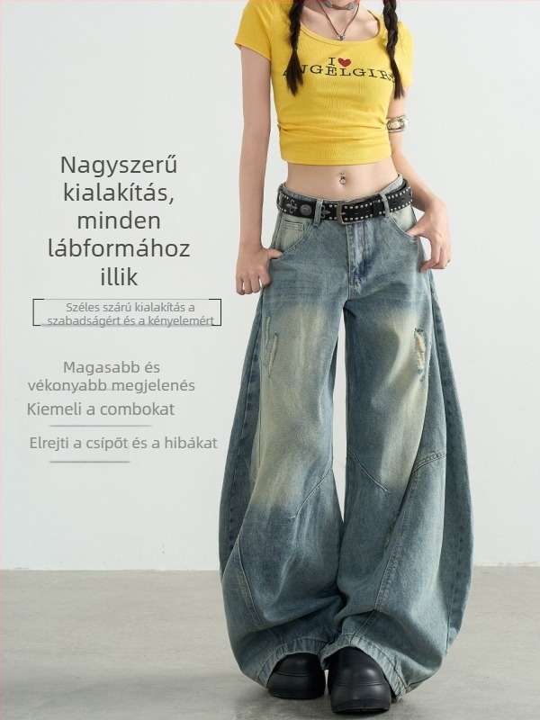 Vintage amerikai stílusú farmernadrág nőknek, ívelt szárú, magas derékkal, széles szabású