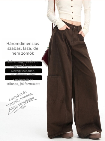 Női denim nadrág, széles szárú, magas derekú, karcsúsító hatású, drapírozott megjelenés, kávébarna színű, ősz