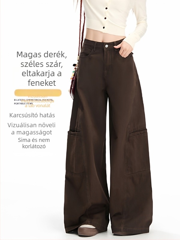 Női denim nadrág, széles szárú, magas derekú, karcsúsító hatású, drapírozott megjelenés, kávébarna színű, ősz