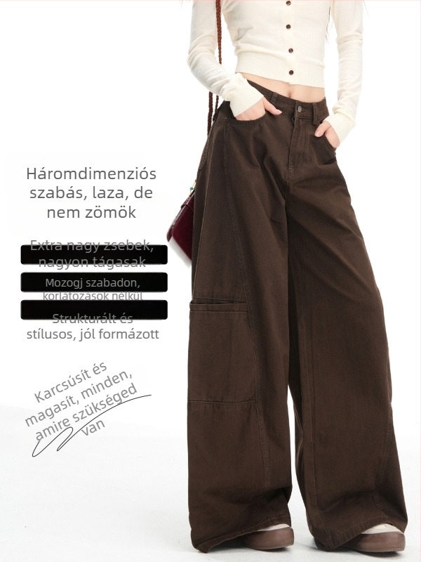Női denim nadrág, széles szárú, magas derekú, karcsúsító hatású, drapírozott megjelenés, kávébarna színű, ősz