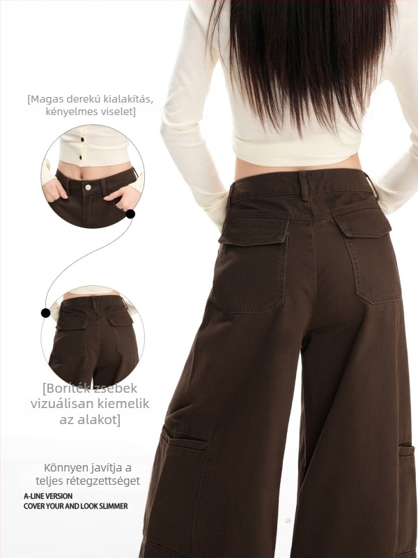 Női denim nadrág, széles szárú, magas derekú, karcsúsító hatású, drapírozott megjelenés, kávébarna színű, ősz