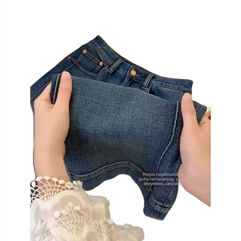 Női rugalmas farmerok, egyenes szabású, plusz méret, magas derék, laza, körte alkatnak megfelelő, széles láb, cropped hossz, 2025 modell