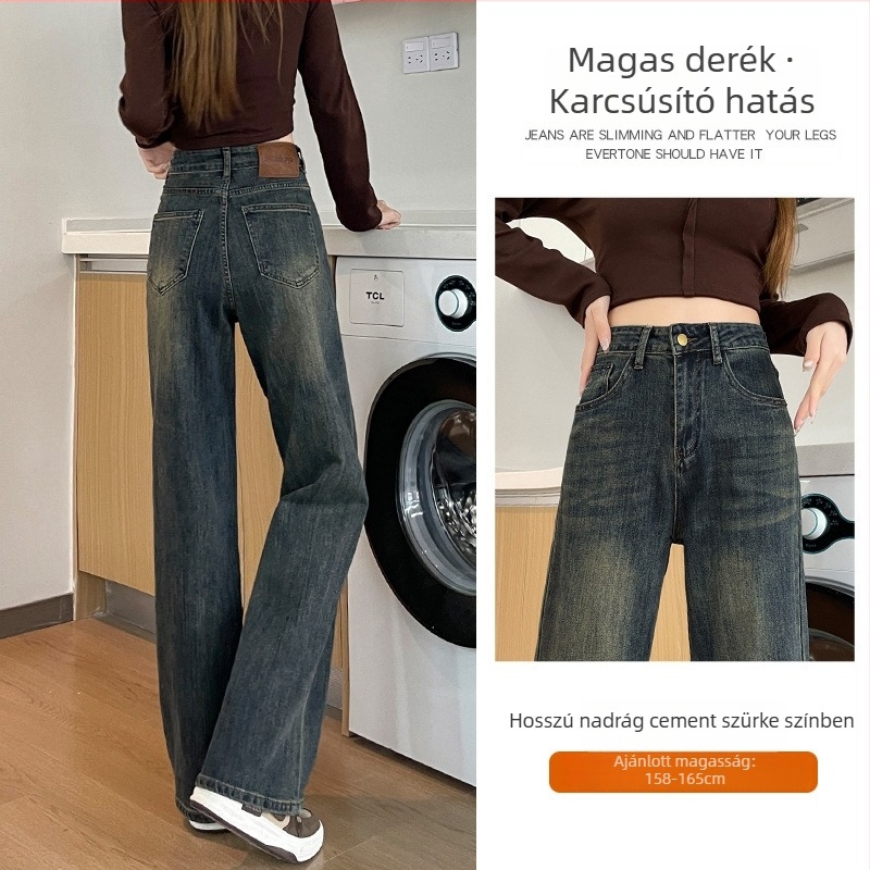 Női magas derekú denim nadrág – őszi-téli új kiadás, kis méret, vintage stílus, szabás: egyenes-től széles lábú