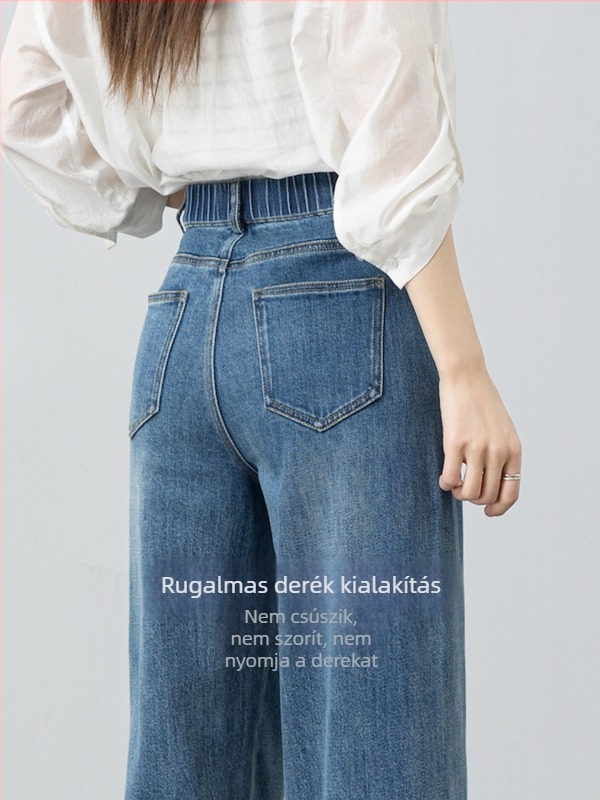Női magas derékú, hosszú farmernadrág lazán szabott egyenes szárú és széles szárú