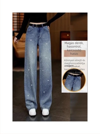 Nagy méretű női farmernadrág strasszokkal, denim anyagból, 2026 trendi niša modell, lazán szabott, széles szárú