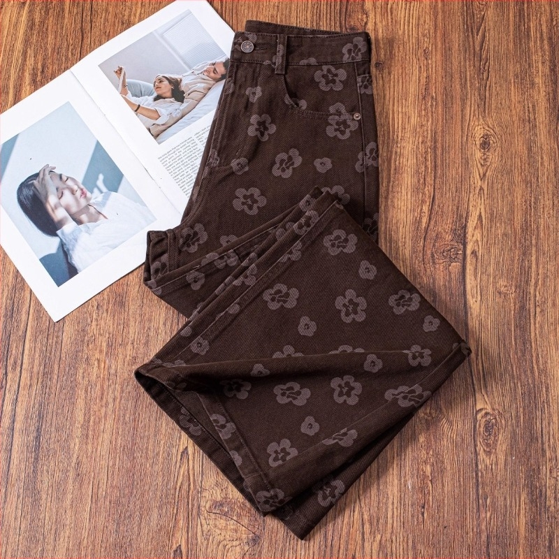 Barna virágmintás jacquard farmernadrág nőknek, széles szabású, magas derekú, 2025 ősz, casual, karcsúsító hatás