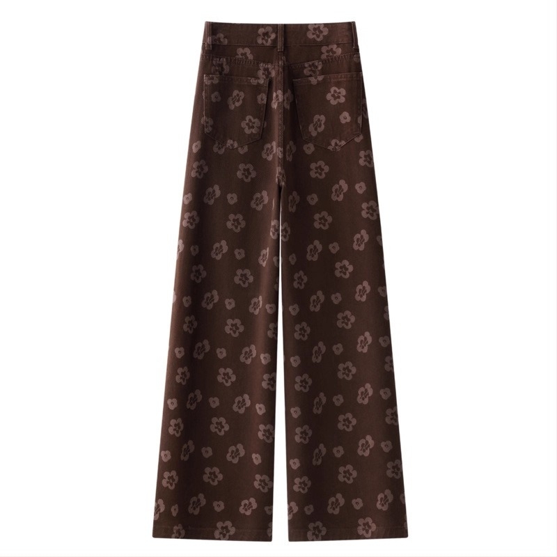 Barna virágmintás jacquard farmernadrág nőknek, széles szabású, magas derekú, 2025 ősz, casual, karcsúsító hatás