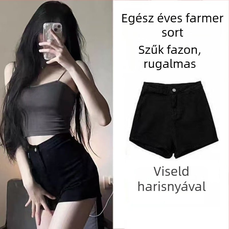 Fekete pamut-elasztános denim rövidnadrág, magas derék, karcsú szabás, mindennapi stílus