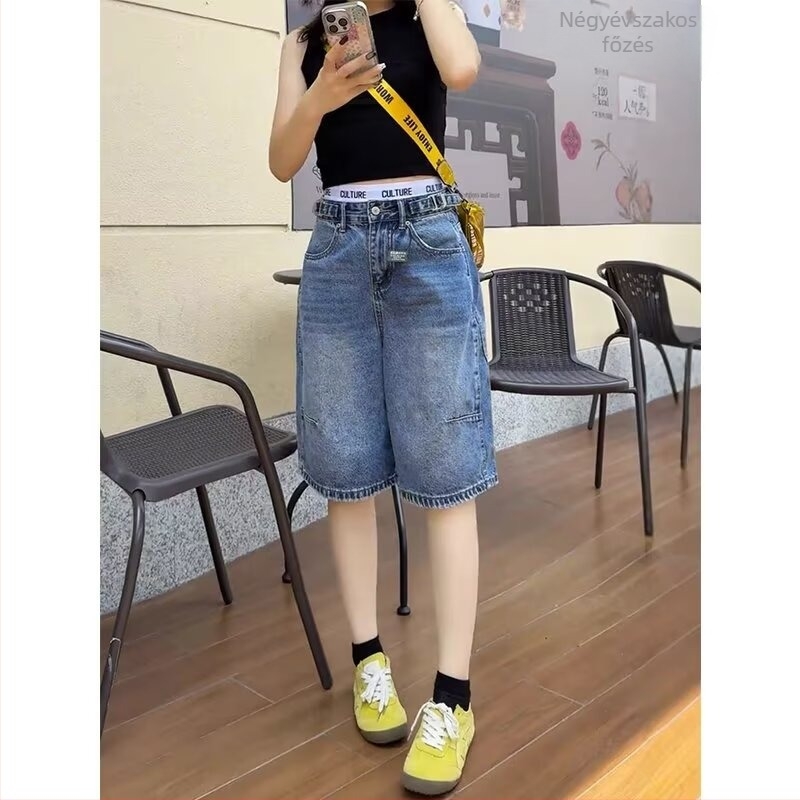 Női denim rövidnadrág amerikai retro stílusban, magas derékú, széles szárú, capri hosszúságú