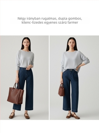 Tavaszi kollekció: női magas derekú, retro stílusú farmernadrág kistermetű nőknek, karcsúsító és sokoldalú, széles lábbal és cropped hosszúsággal