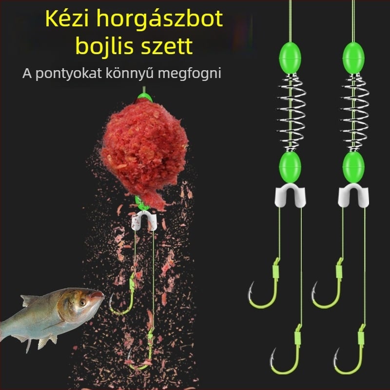 Kézi bottal és rugóval ellátott horgászkészlet carp horgászathoz, kettős horgok, tekeredés elleni zsinór, Iseine horgok, erős zsinór, fluoreszkáló horgok