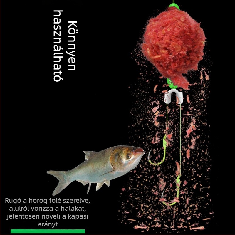 Kézi bottal és rugóval ellátott horgászkészlet carp horgászathoz, kettős horgok, tekeredés elleni zsinór, Iseine horgok, erős zsinór, fluoreszkáló horgok